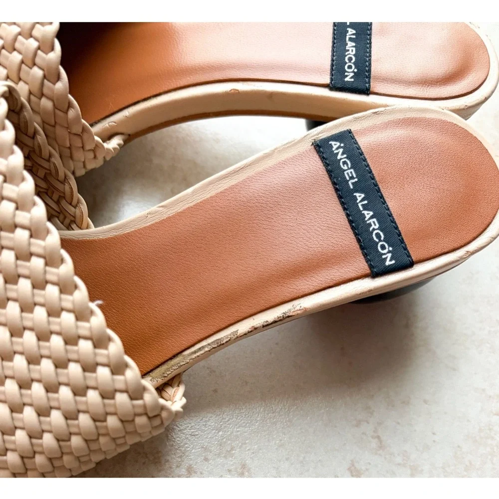 Angel Alarcon Woven Leather Ball Heel Mules Nude Beige Square Toe Spain 36